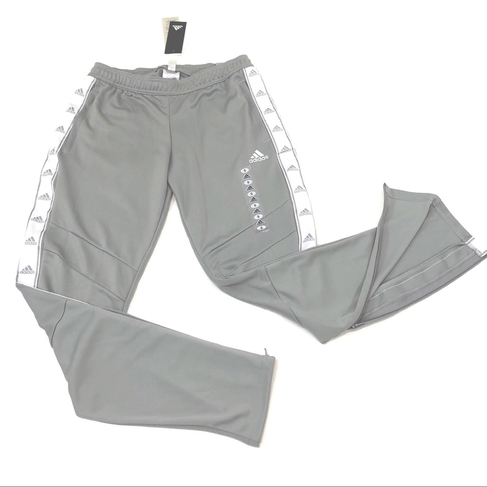 NWT Adidas Gray and White Stripe Logo Track Pants Size S